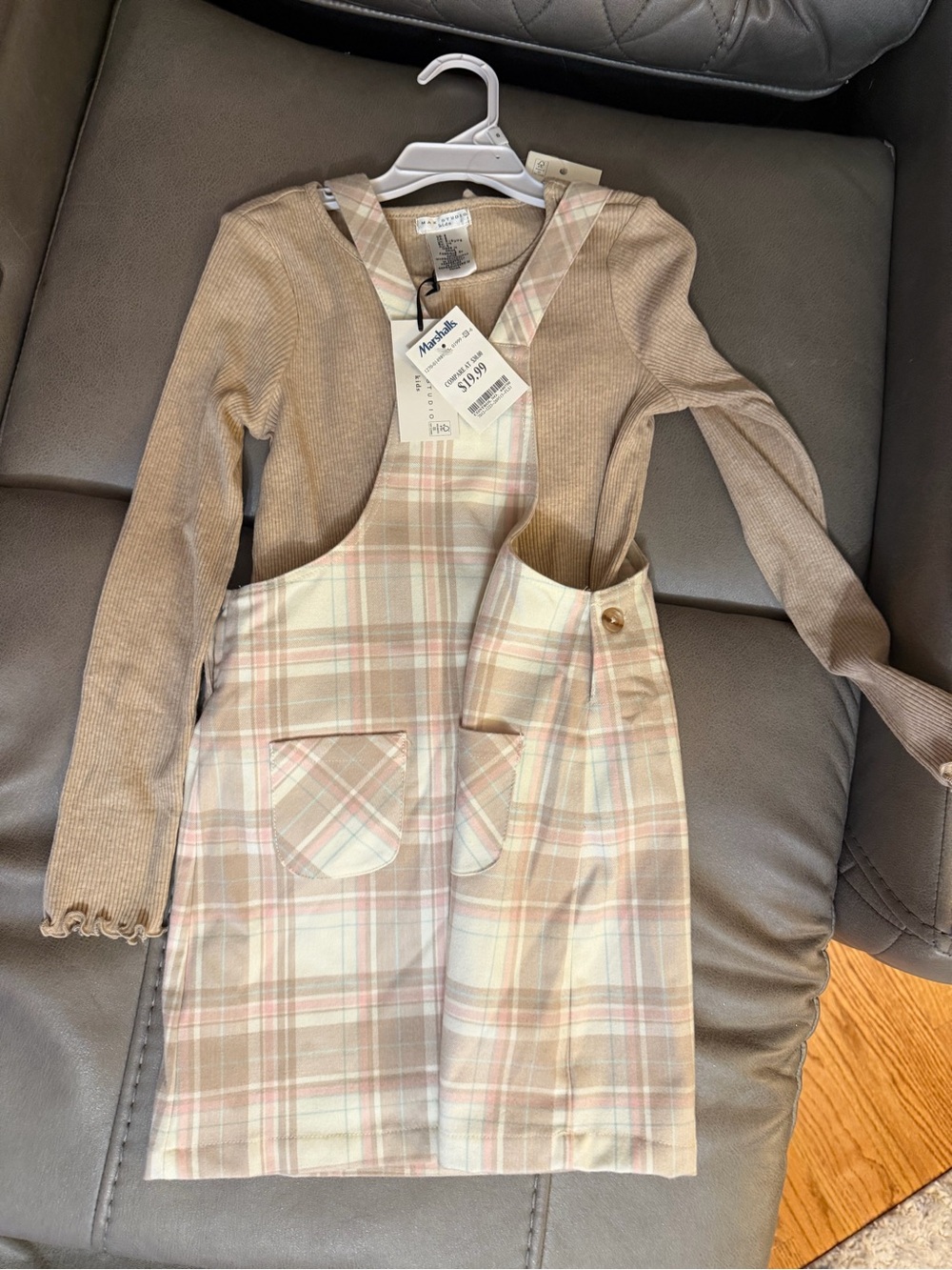 Max Studio Girls Plaid Pinafore Dress with Tan Ribbed Top